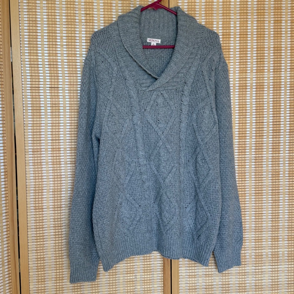 Merona Gray Cable Knit Shawl Collar‎ Sweater XL Cotton Wool Blend Pullover Coast